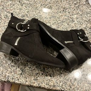 Nine West pointy toe suede booties, black with zippers and decorative straps
